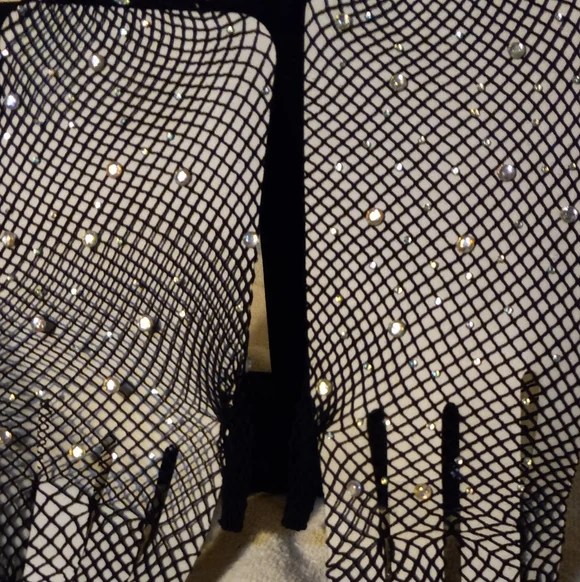 New,black fishnet stretch full length dressy evening gloves with faux rhinestone - Picture 2 of 3